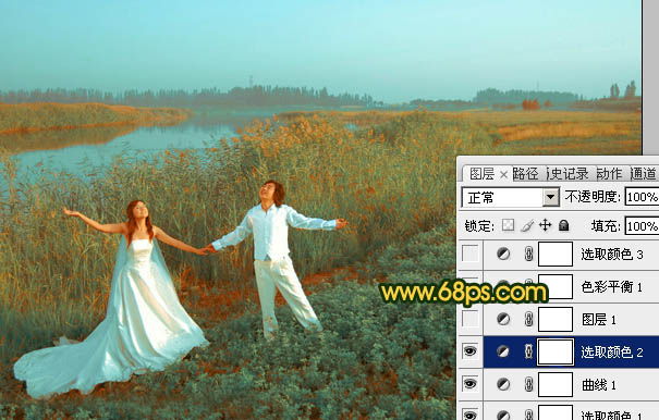 Photosho将江景芦苇婚片打造成唯美的晨曦效果