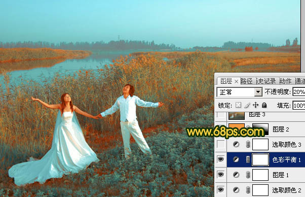 Photosho将江景芦苇婚片打造成唯美的晨曦效果