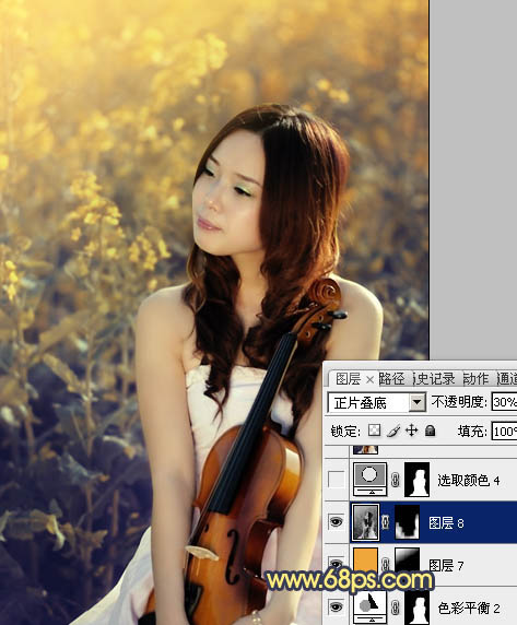 Photoshop将菜田美女图片调成柔美的古典暖色调