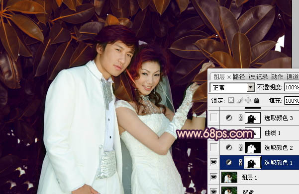 Photoshop将树林婚片调制出柔美的暗调紫褐色效果