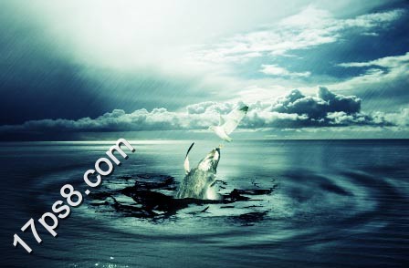 photoshop将合成鲸鱼越出水面掠夺海鸥食物场景效果