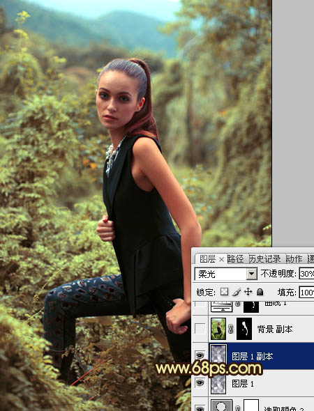 Photoshop将树林模特图片调制出柔美的青褐色效果