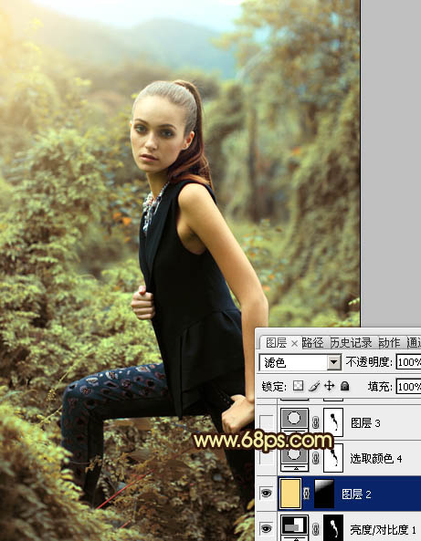 Photoshop将树林模特图片调制出柔美的青褐色效果