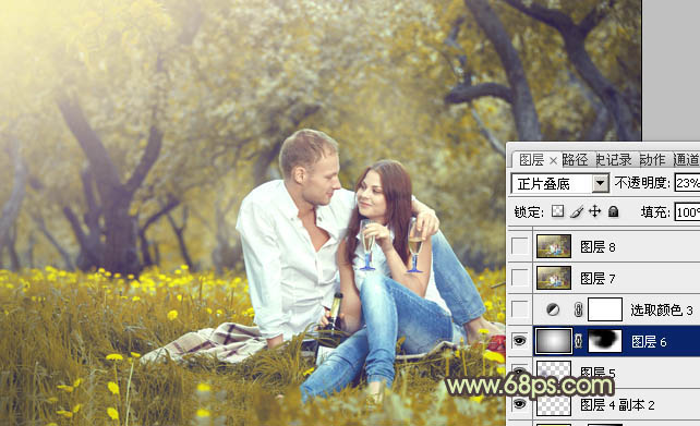 Photoshop将树林情侣图片调成甜美的粉黄色
