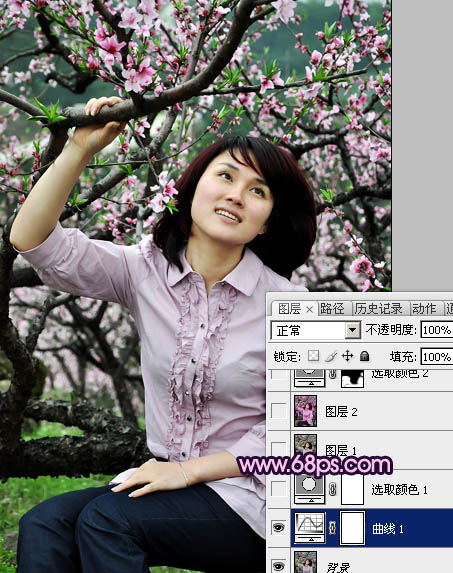 Photoshop将春季外景人物图片调成甜美的桃花色