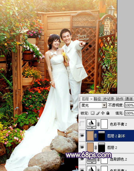 Photoshop将园林婚片调成甜美的暖红色