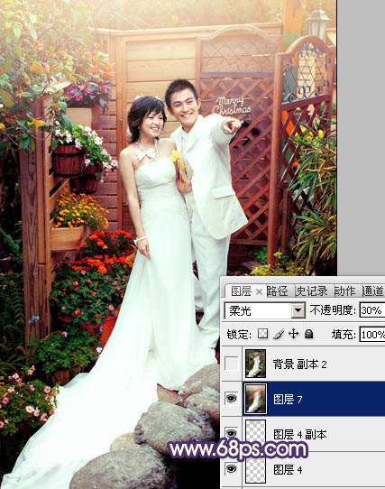 Photoshop将园林婚片调成甜美的暖红色