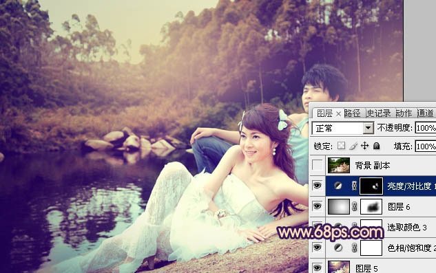 Photoshop将池景婚片调成柔美的蓝红色