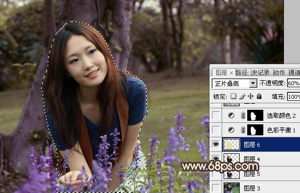 Photoshop将树林美女图片调成温馨的黄紫色