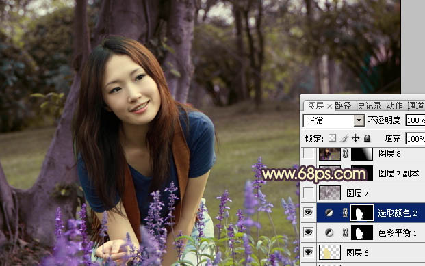 Photoshop将树林美女图片调成温馨的黄紫色