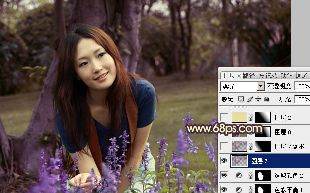 Photoshop将树林美女图片调成温馨的黄紫色
