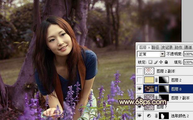 Photoshop将树林美女图片调成温馨的黄紫色