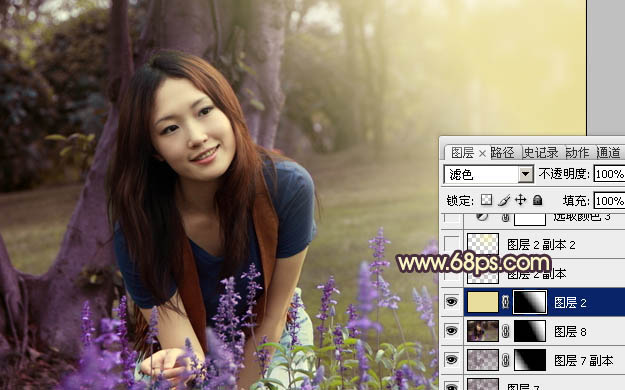 Photoshop将树林美女图片调成温馨的黄紫色