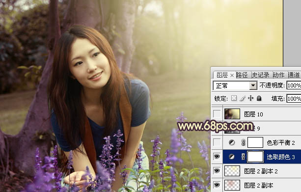 Photoshop将树林美女图片调成温馨的黄紫色
