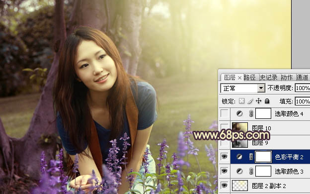 Photoshop将树林美女图片调成温馨的黄紫色