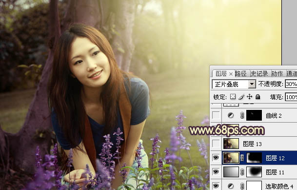 Photoshop将树林美女图片调成温馨的黄紫色