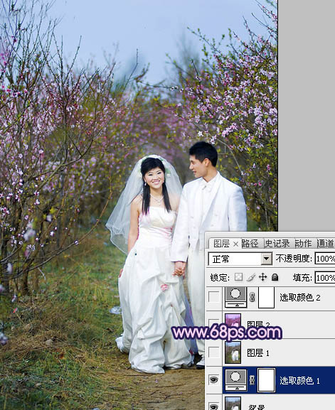 Photoshop将桃林婚片调成艳丽的紫红色