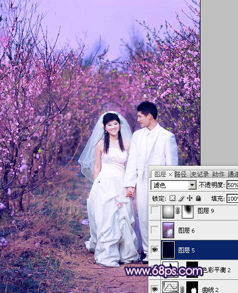 Photoshop将桃林婚片调成艳丽的紫红色