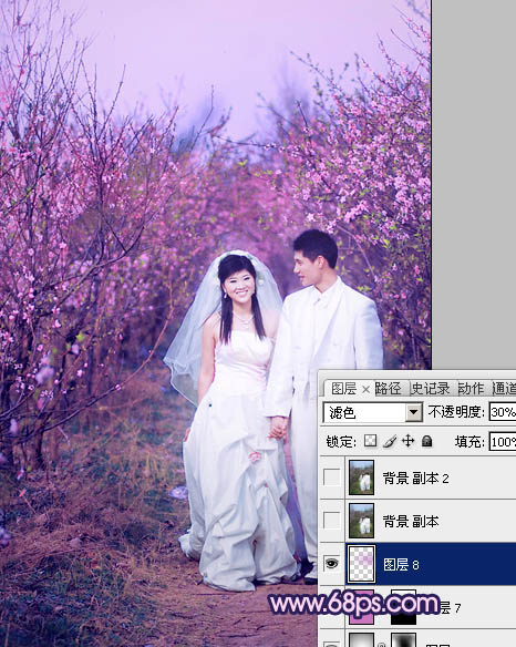 Photoshop将桃林婚片调成艳丽的紫红色