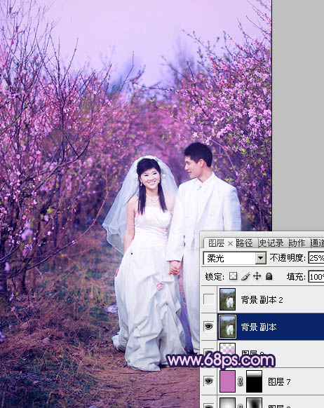 Photoshop将桃林婚片调成艳丽的紫红色