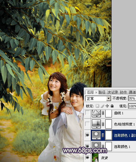 Photoshop下将树林婚片调成淡雅的中性黄青色
