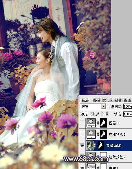 Photoshop将外景婚片调成流行的橙蓝混合色