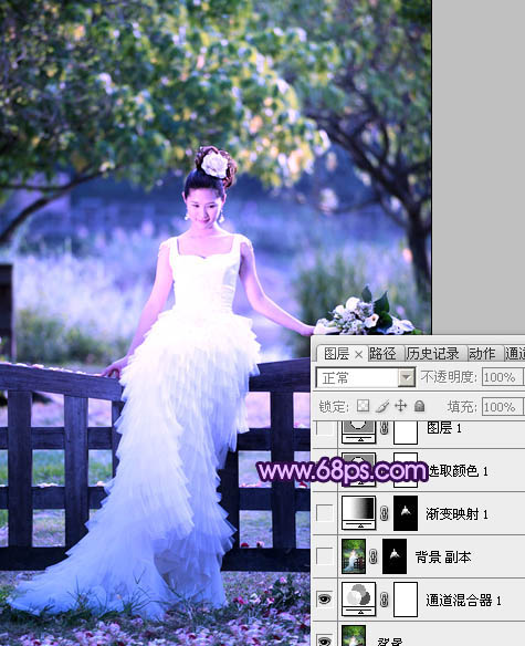 Photoshop中将树林美女婚片调成唯美的绿紫色