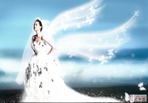 Photoshop制作超梦幻的蓝色天使婚片