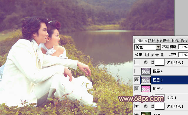 Photoshop调出湖景婚片甜美的紫黄色