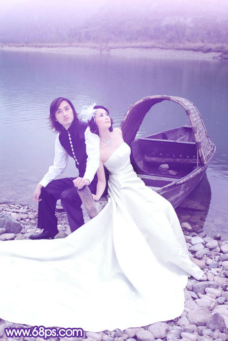 Photoshop将江景婚片调成纯美的蓝紫色