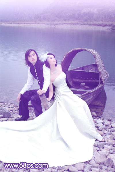 Photoshop将江景婚片调成纯美的蓝紫色