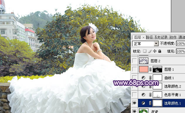 Photoshop将美女婚片调成甜美的紫绿色