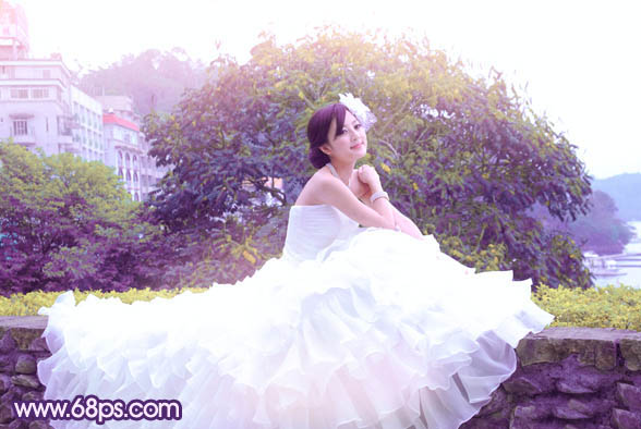 Photoshop将美女婚片调成甜美的紫绿色