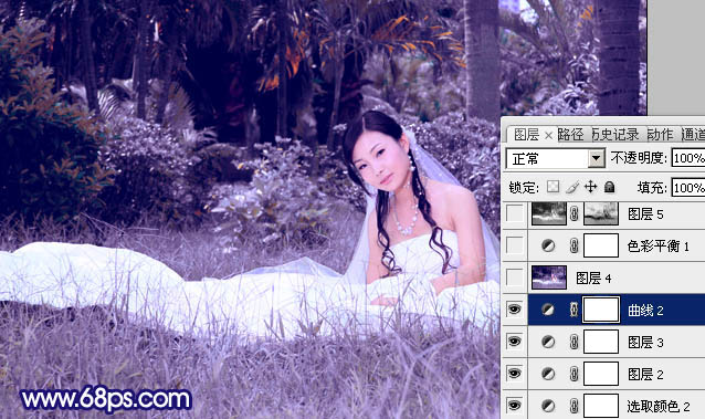 Photoshop将外景婚片调成斑斓的暗蓝色