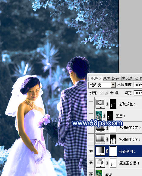 Photoshop将树林婚片调成梦幻的纯蓝色