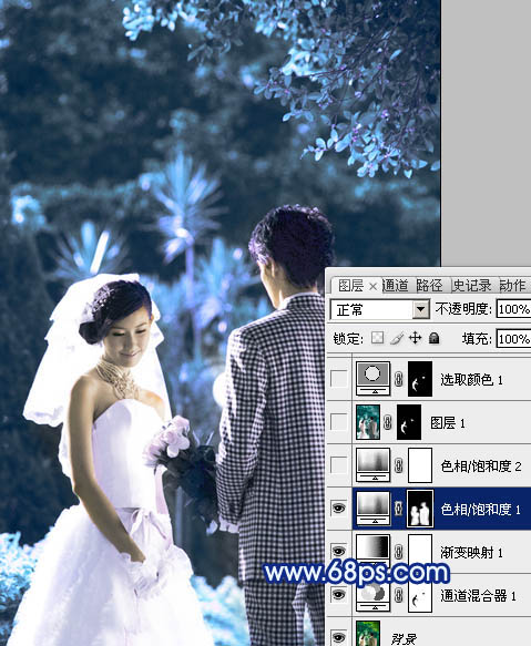 Photoshop将树林婚片调成梦幻的纯蓝色
