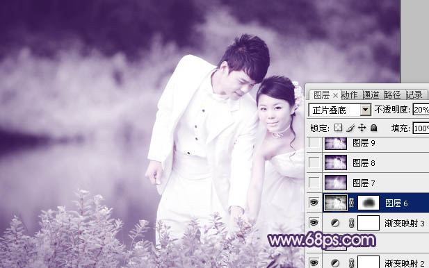 Photoshop将外景婚片调成梦幻的淡紫色