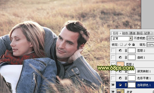 Photoshop将外景情侣图片调成古典暗调黄绿色