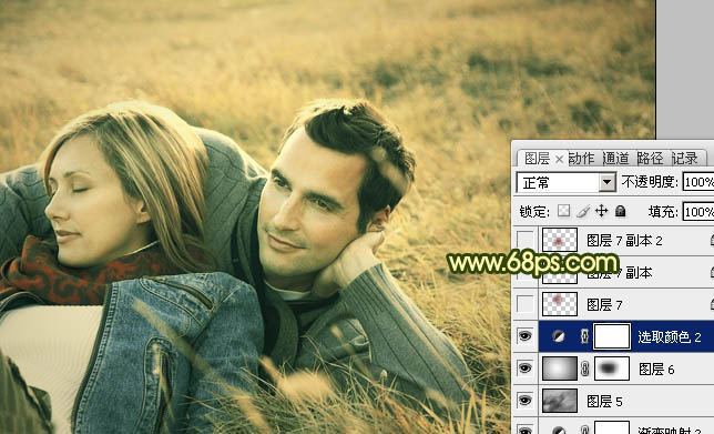 Photoshop将外景情侣图片调成古典暗调黄绿色