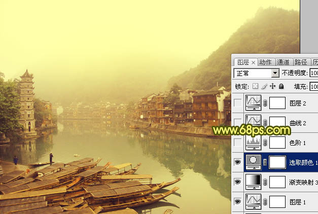 Photoshop为江畔小镇添加绚丽的朝霞色