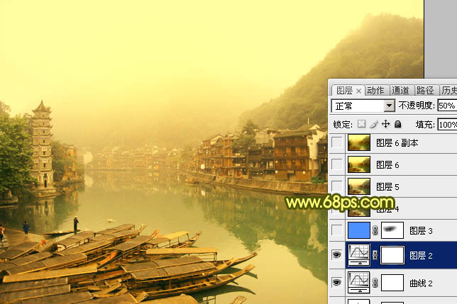 Photoshop为江畔小镇添加绚丽的朝霞色