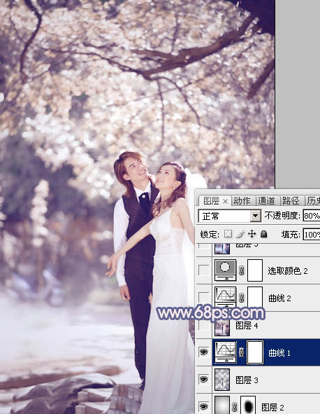 Photoshop将偏暗的外景婚片调成梦幻的淡蓝色