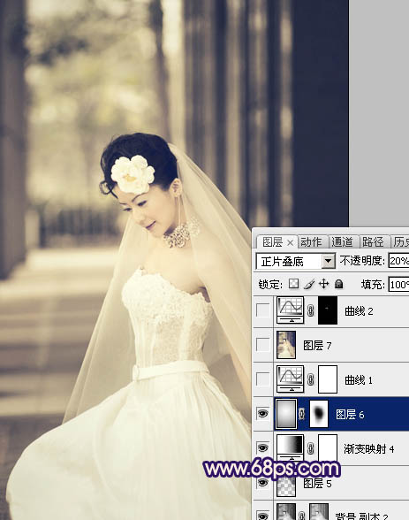Photoshop制作古典暗蓝色外景美女婚片