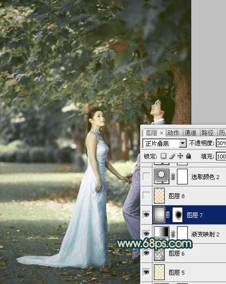 Photoshop将树林婚片调成柔美的暗暖色
