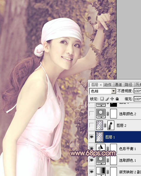 Photoshop将外景美女图片调成淡淡的粉紫色