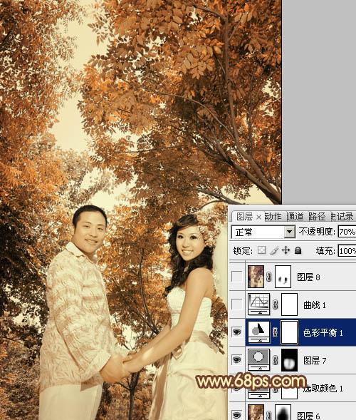 Photoshop将外景婚片调成柔美的古典黄褐色