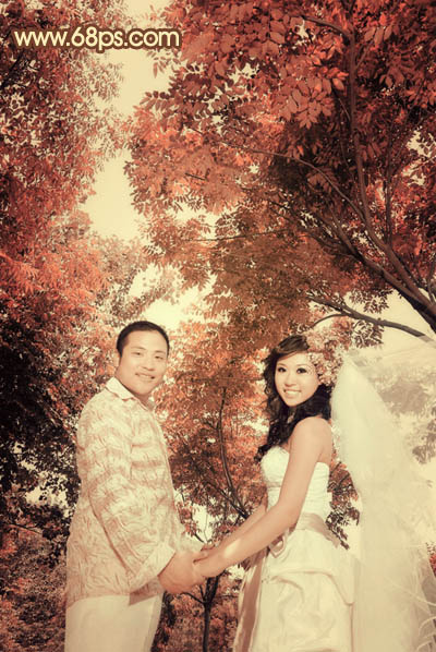 Photoshop将外景婚片调成柔美的古典黄褐色