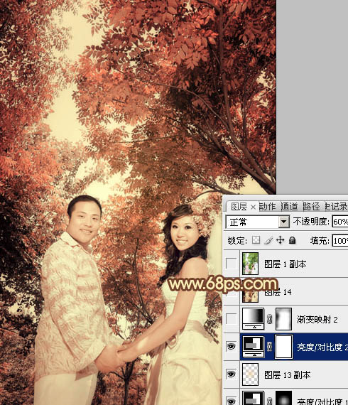 Photoshop将外景婚片调成柔美的古典黄褐色