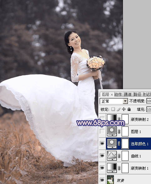Photoshop将外景婚片打造成梦幻的暗调紫红色