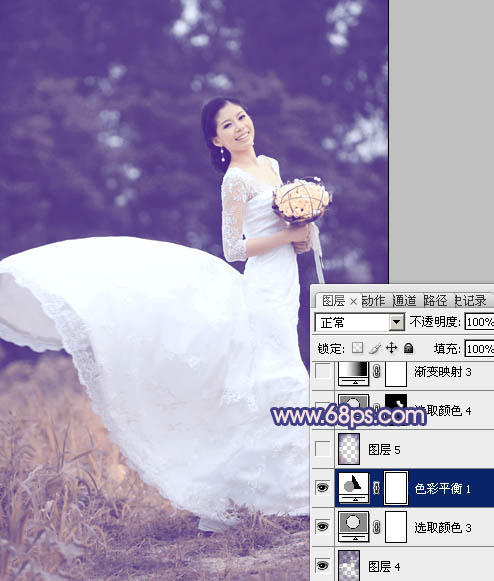 Photoshop将外景婚片打造成梦幻的暗调紫红色